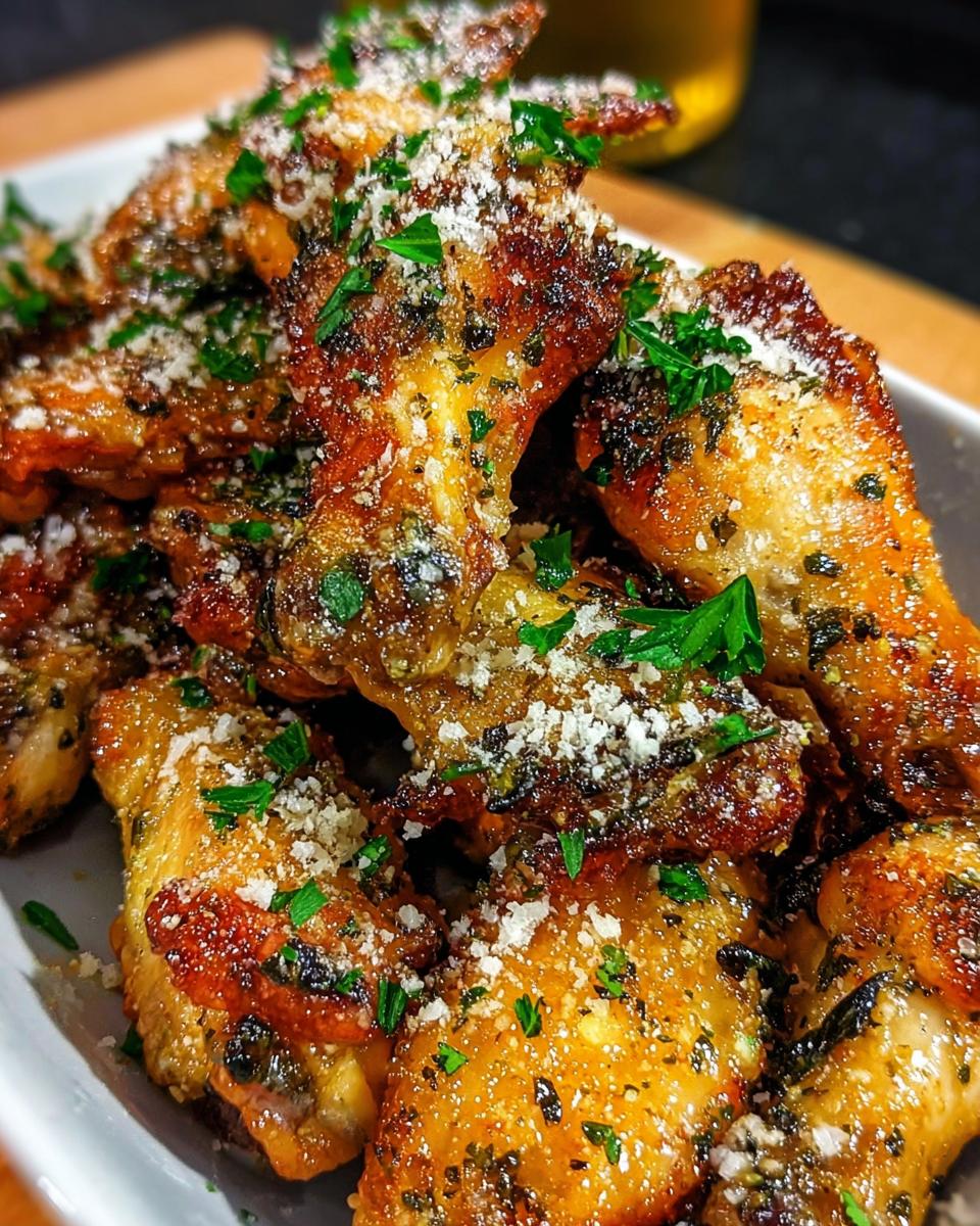 A close-up of a pile of golden-brown Garlic Parmesan Wings with Savory Crunch, sprinkled with fresh parsley and grated cheese.