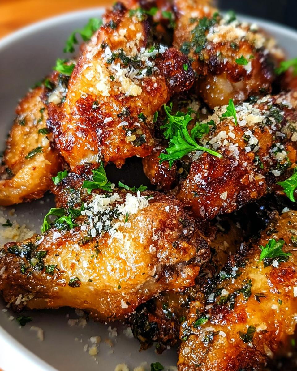 Close-up of golden-brown Garlic Parmesan Wings with Savory Crunch, sprinkled with grated Parmesan and fresh parsley.