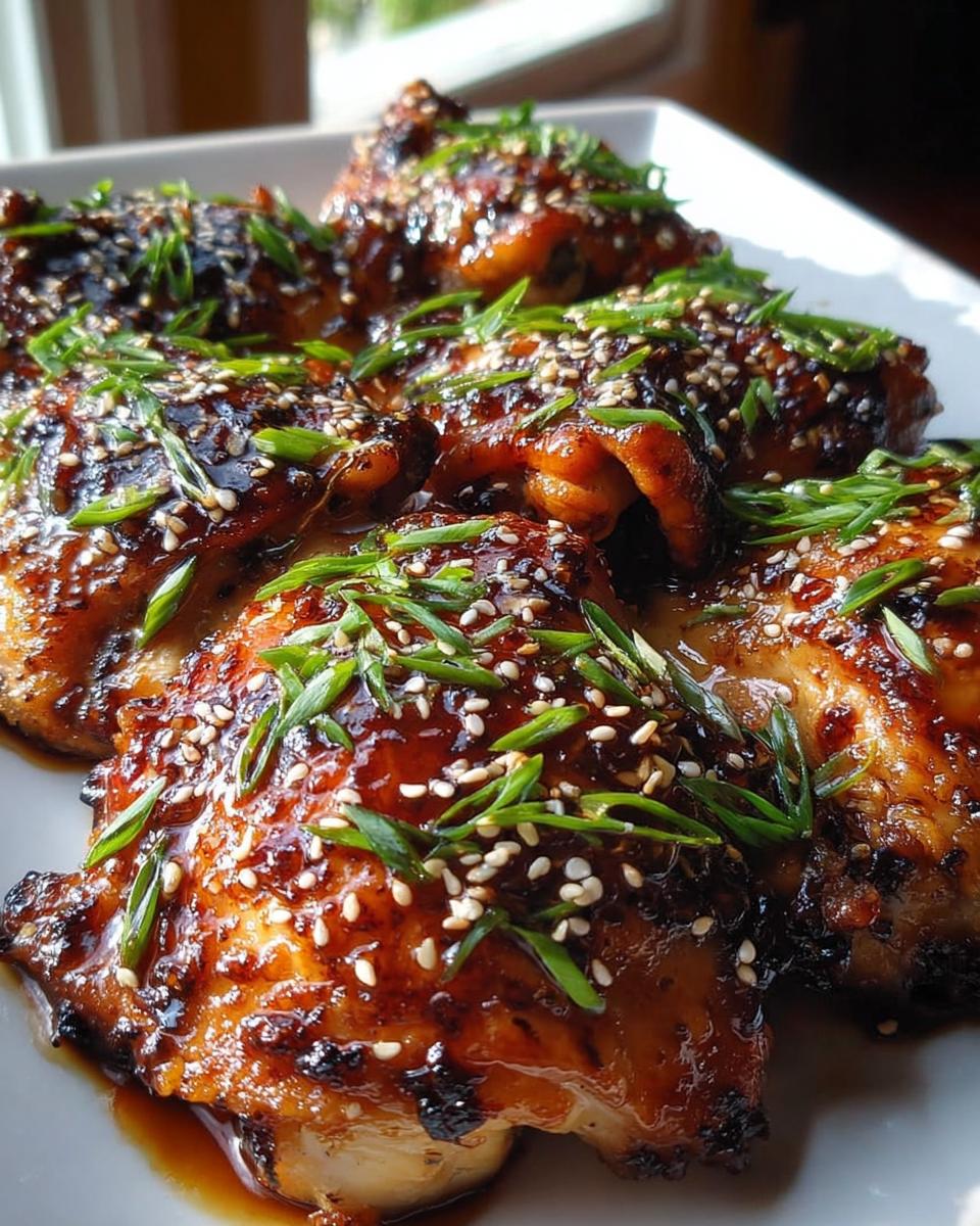 Close-up of juicy Garlic Soy Chicken Thighs with a sticky glaze, topped with sesame seeds and green onions.