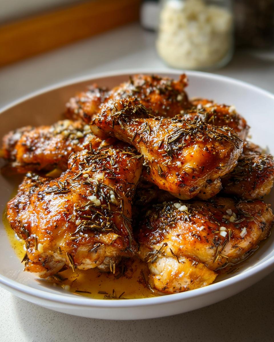 Close-up of juicy Greek Style Chicken with Garlic and Oregano, glistening with juices and herbs.