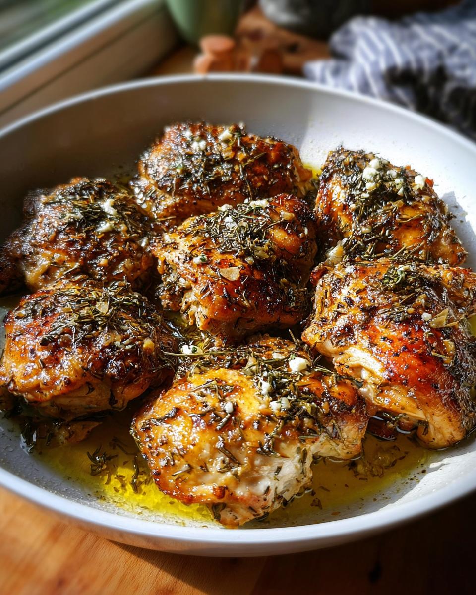 Close-up of juicy Greek Style Chicken with Garlic and Oregano, glistening in its own juices.