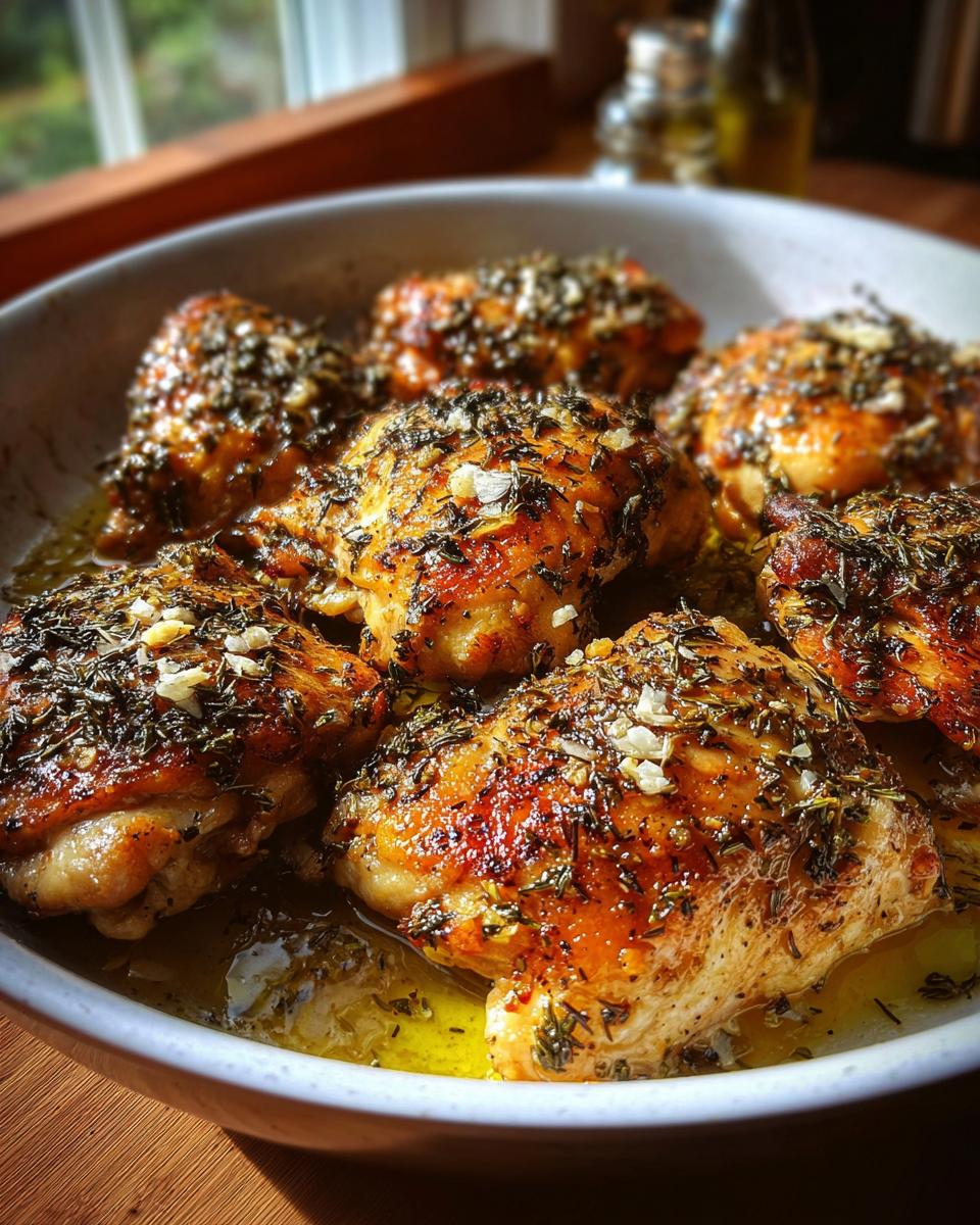 Close-up of juicy Greek Style Chicken with Garlic and Oregano, baked to a golden brown and glistening in olive oil.