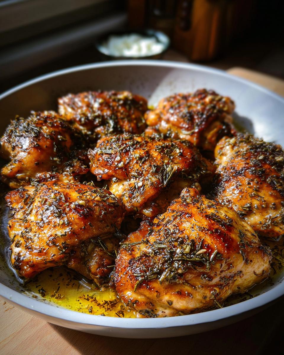 Close-up of juicy Greek Style Chicken with Garlic and Oregano, baked in a pan with herbs and olive oil.