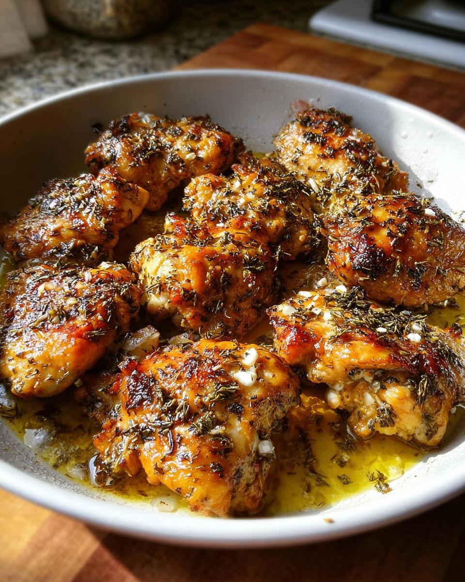 Close-up of juicy Greek Style Chicken with Garlic and Oregano cooked in a pan with herbs and olive oil.