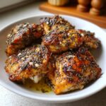 A close-up shot of juicy Greek style chicken thighs seasoned with garlic and oregano, served in a white bowl.