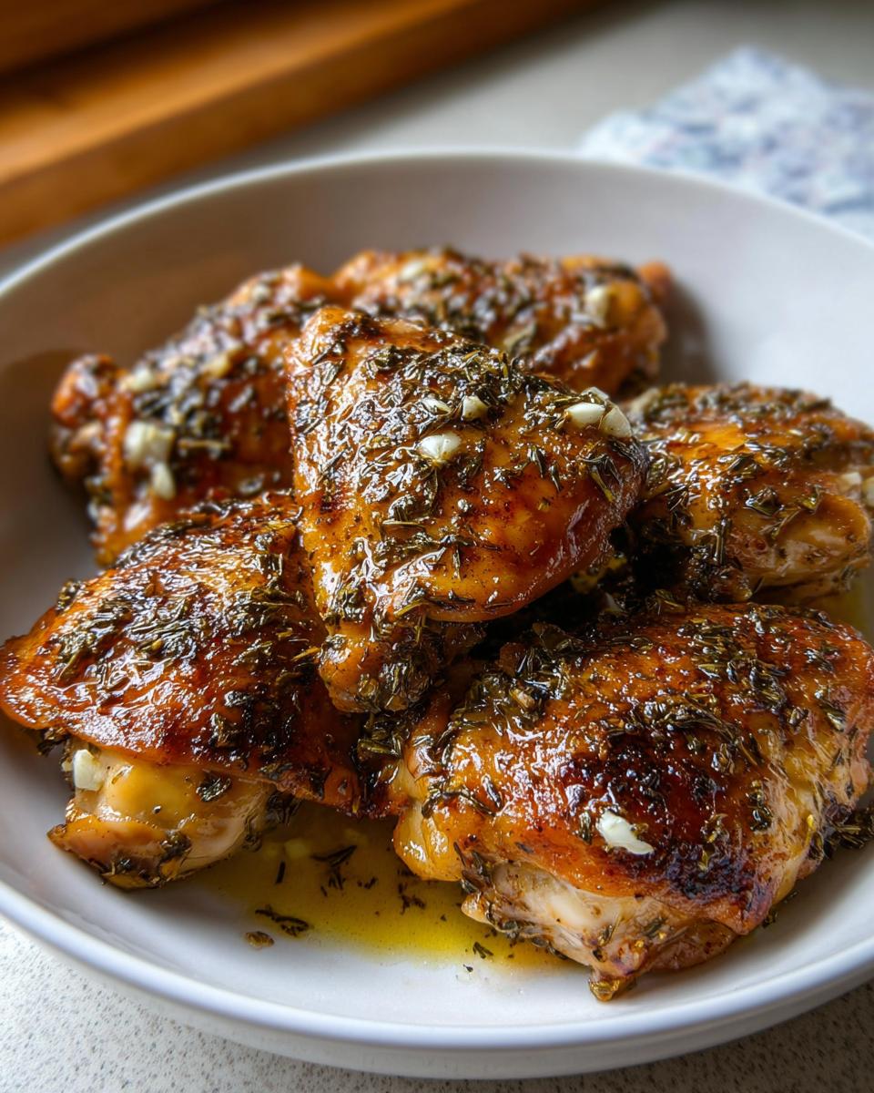 A close-up of succulent Greek Style Chicken with Garlic and Oregano, glistening in its own juices.