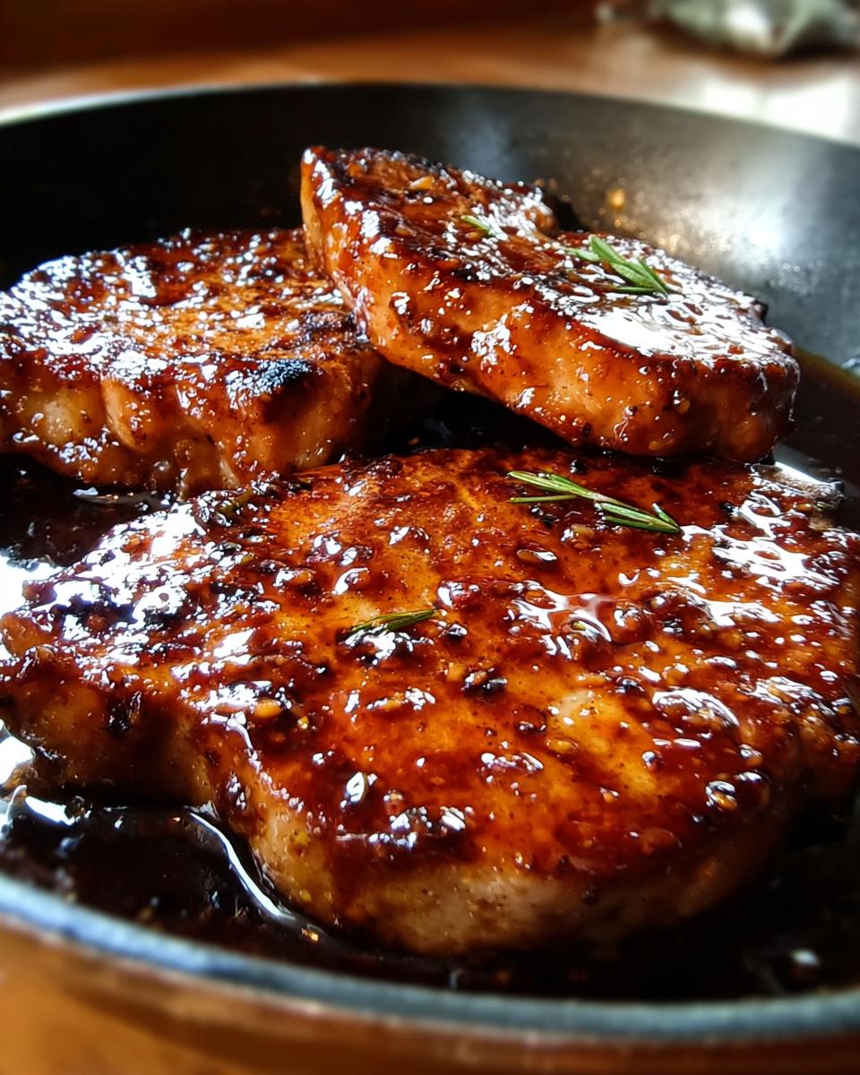Three juicy Honey Garlic Pork Chops coated in a glistening sticky sauce, garnished with rosemary.