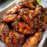 Close-up of glistening Honey Garlic Wings with a sticky glaze, sprinkled with sesame seeds and chives.