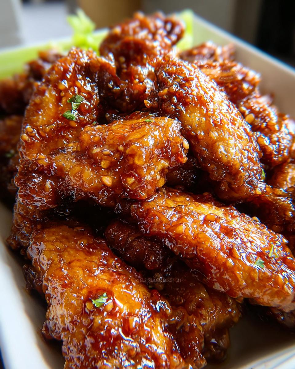 A close-up of a pile of glossy Honey Garlic Wings coated in a sticky glaze, garnished with parsley.