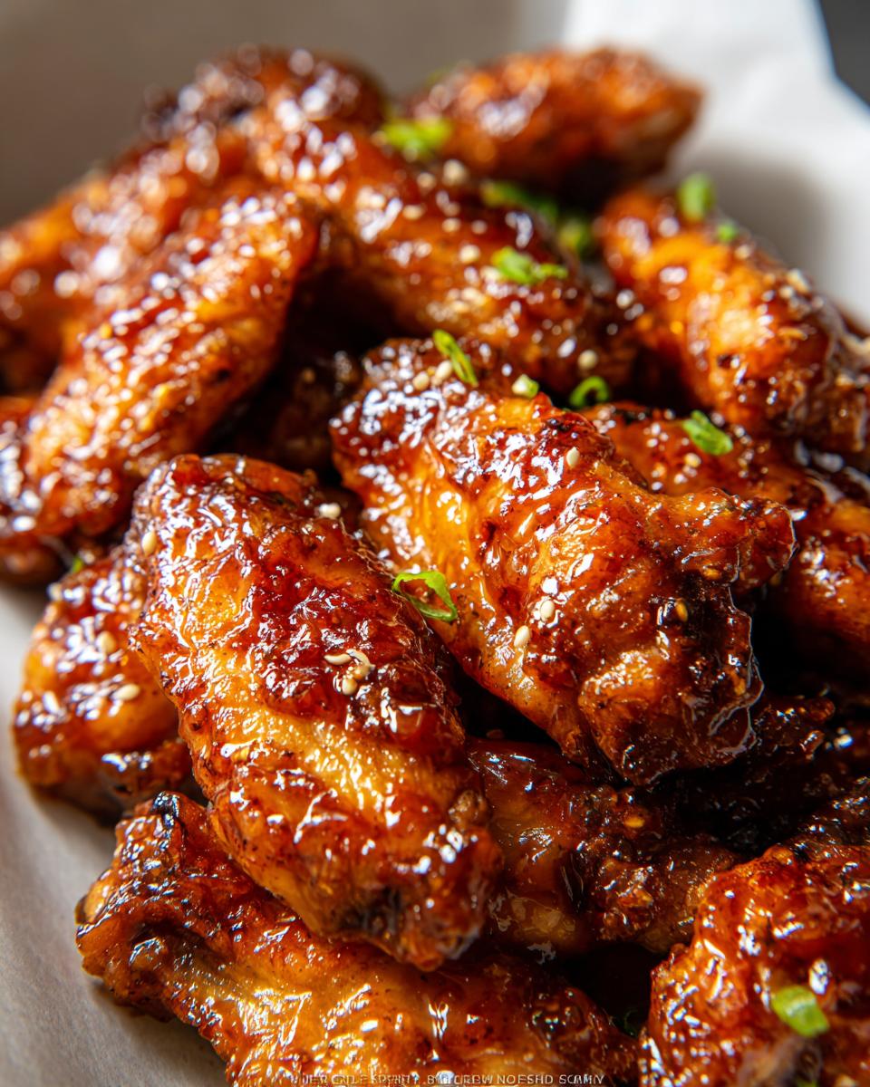 Close-up of a pile of glistening Honey Garlic Wings with a sticky glaze, sprinkled with sesame seeds and green onions.
