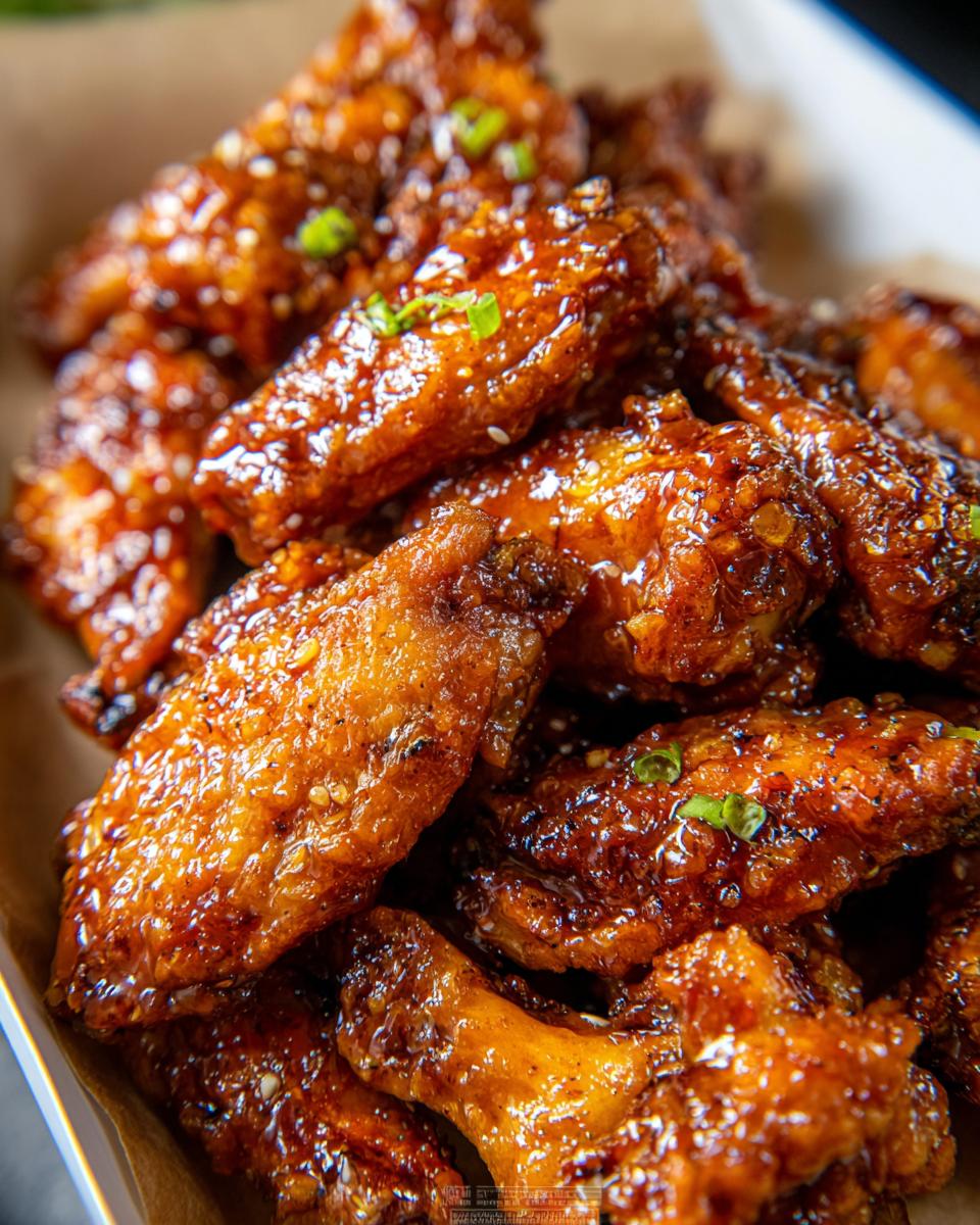 Close-up of a pile of glistening Honey Garlic Wings coated in a sticky glaze, garnished with green onions.