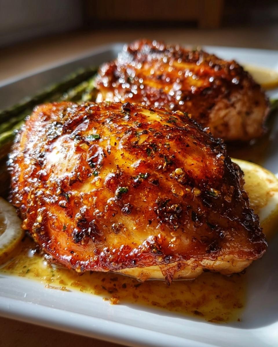 Close-up of two Honey Mustard Chicken Breasts with a crispy finish, served with lemon slices and asparagus.