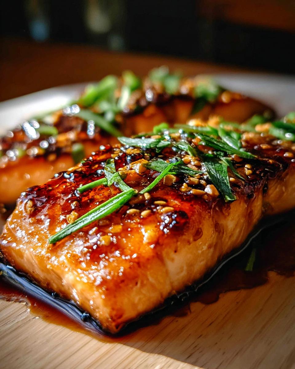 Close-up of a glistening Honey Soy Glazed Salmon fillet with a sticky finish, garnished with sesame seeds and green onions.
