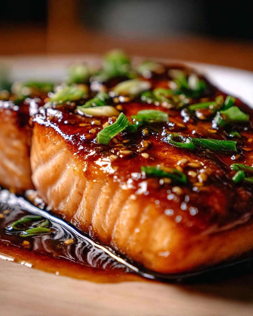 Close-up of a succulent Honey Soy Glazed Salmon fillet with a sticky finish, garnished with sesame seeds and chopped green onions.