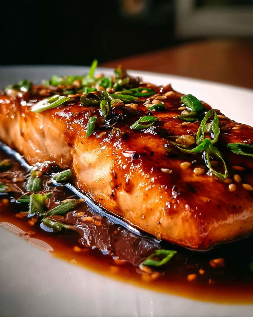 A close-up of a perfectly cooked Honey Soy Glazed Salmon fillet with a sticky finish, garnished with green onions and sesame seeds.