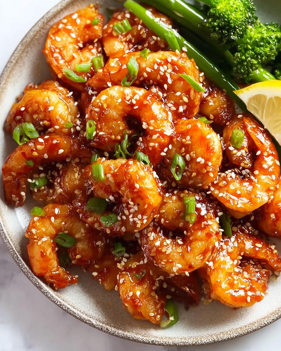 A close-up of Honey Sriracha Shrimp coated in a sticky glaze, sprinkled with sesame seeds and green onions.