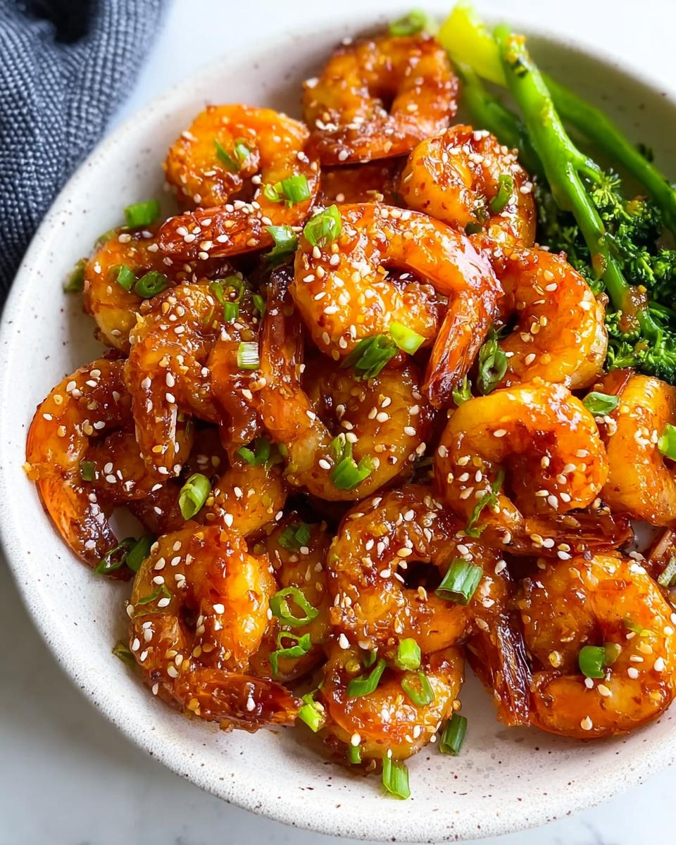 A close-up of glistening Honey Sriracha Shrimp with a sticky glaze, sprinkled with sesame seeds and green onions, served with broccoli.