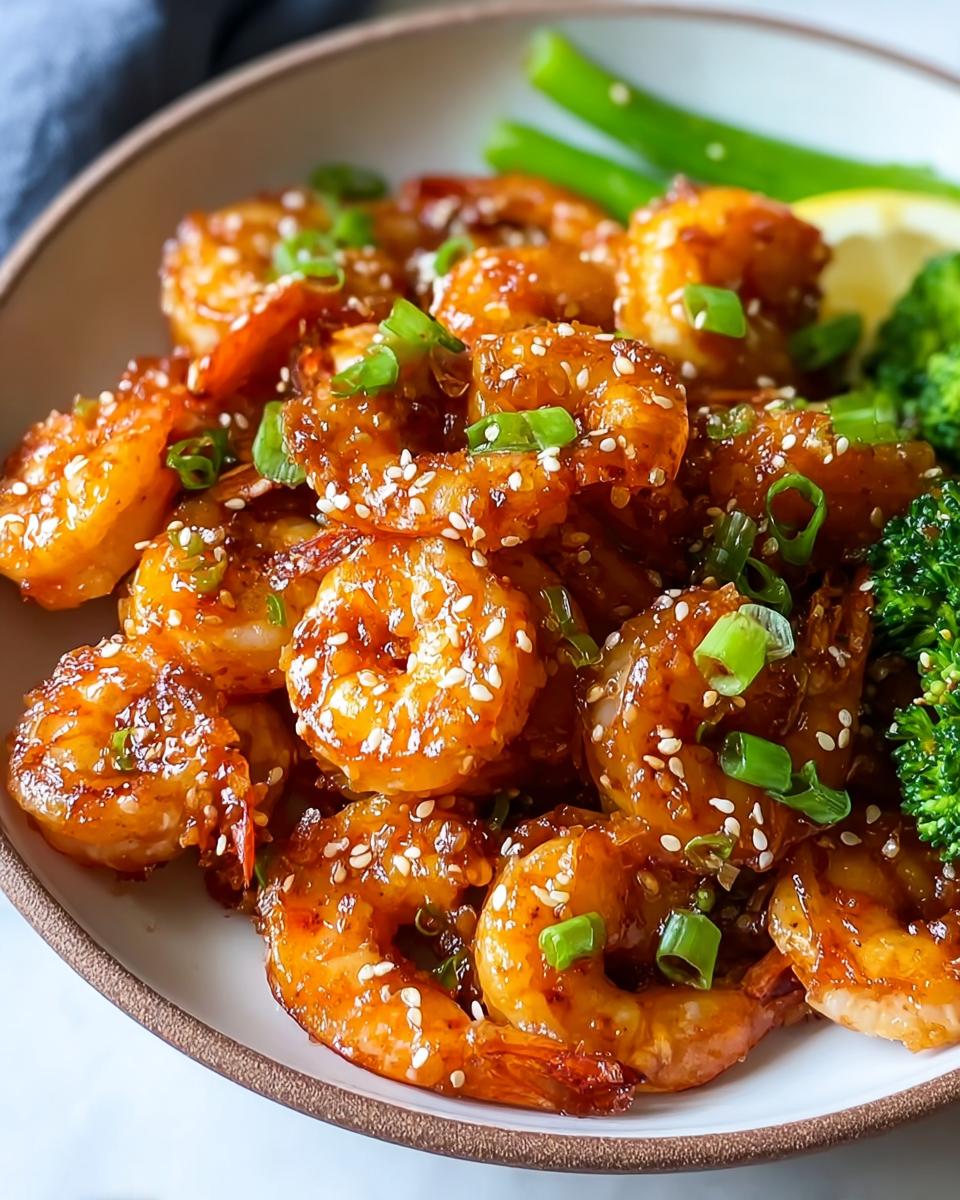 Close-up of Honey Sriracha Shrimp with a sticky glaze, garnished with sesame seeds and green onions, served with broccoli.
