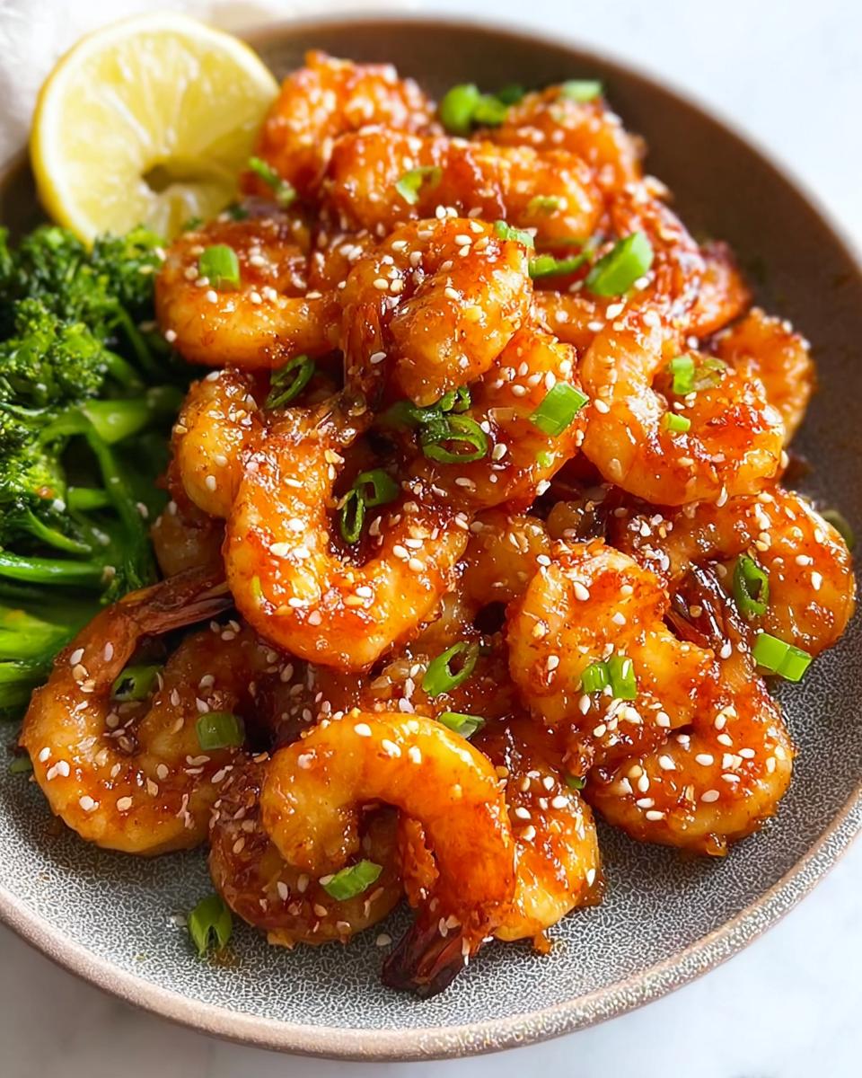 A bowl of glistening Honey Sriracha Shrimp with a sticky glaze, topped with sesame seeds and green onions, served with broccoli and a lemon wedge.