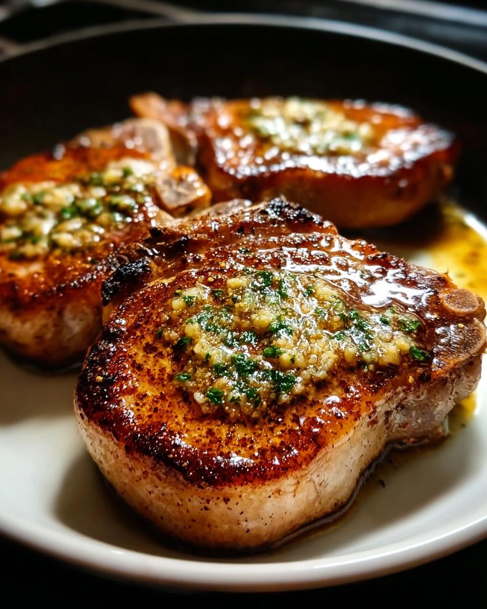 Close-up of three juicy pan seared pork chops topped with garlic butter and herbs.