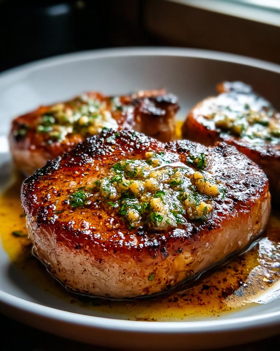 Close-up of juicy pan seared pork chops topped with garlic butter and herbs, served in a white bowl.