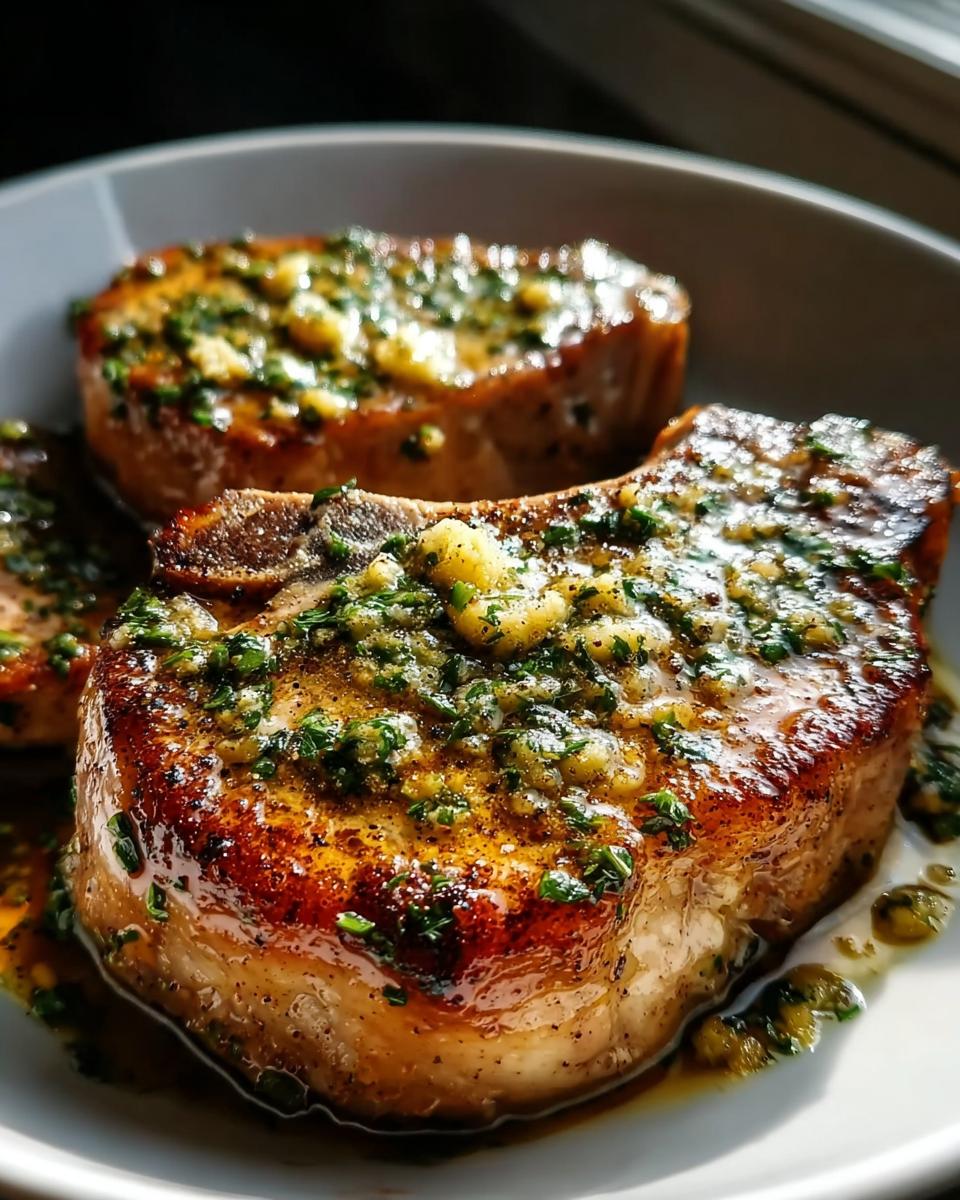Close-up of juicy pan seared pork chops topped with melted garlic butter and fresh herbs.