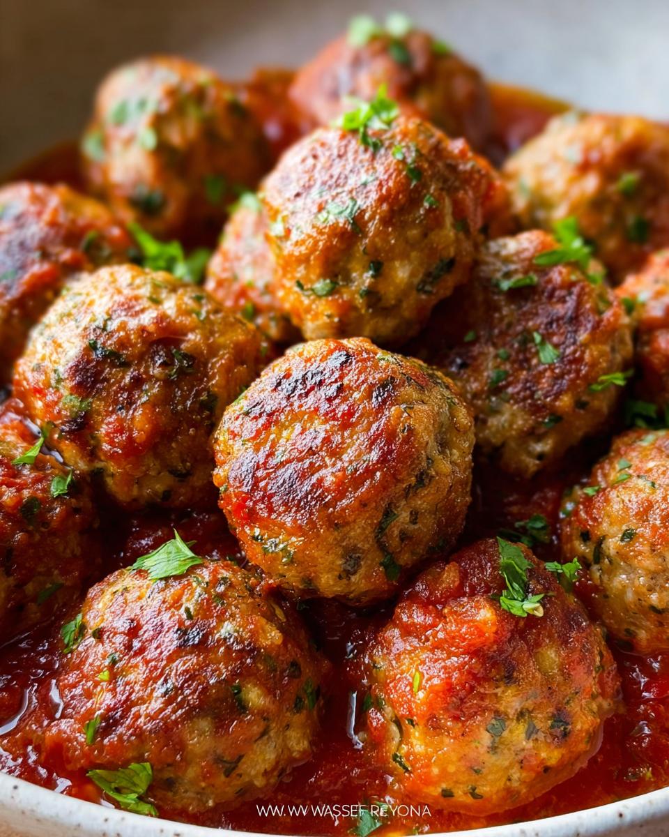 Close-up of juicy turkey meatballs with Italian herbs simmering in tomato sauce.