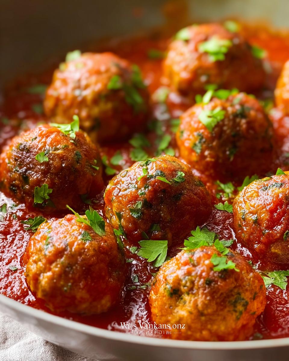 Close-up of juicy turkey meatballs simmered in a rich tomato sauce, garnished with fresh parsley.
