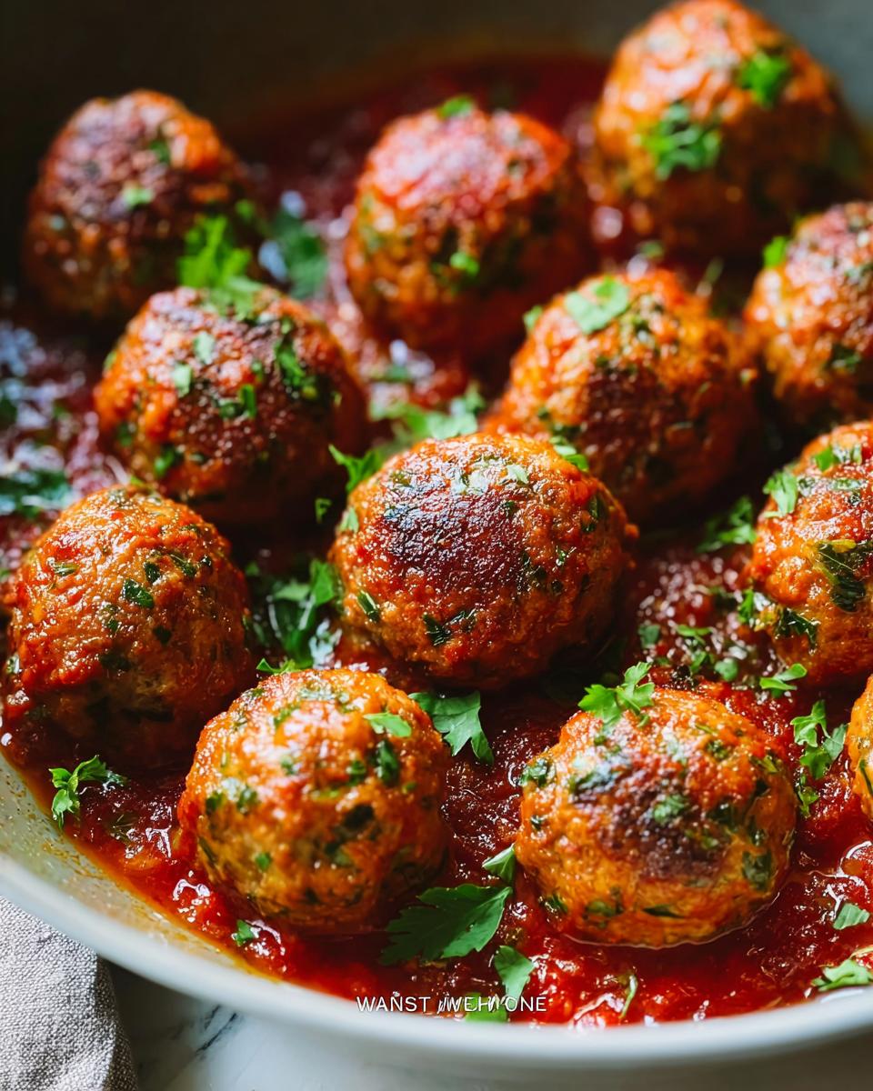 Close-up of juicy turkey meatballs simmered in a rich tomato sauce, garnished with fresh Italian herbs.