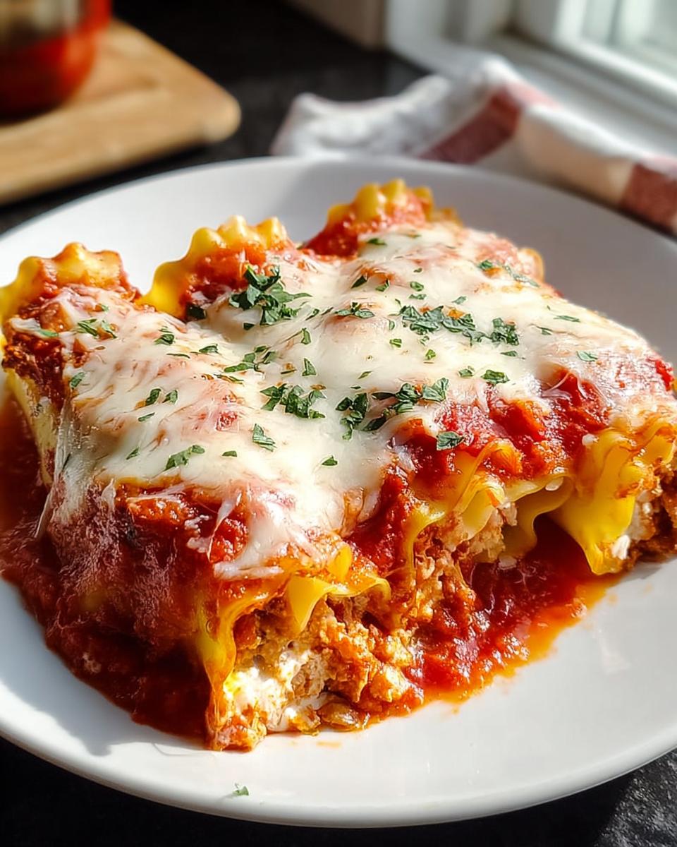 A delicious plate of Lasagna Roll Ups with Saucy Comfort, topped with melted cheese and herbs.