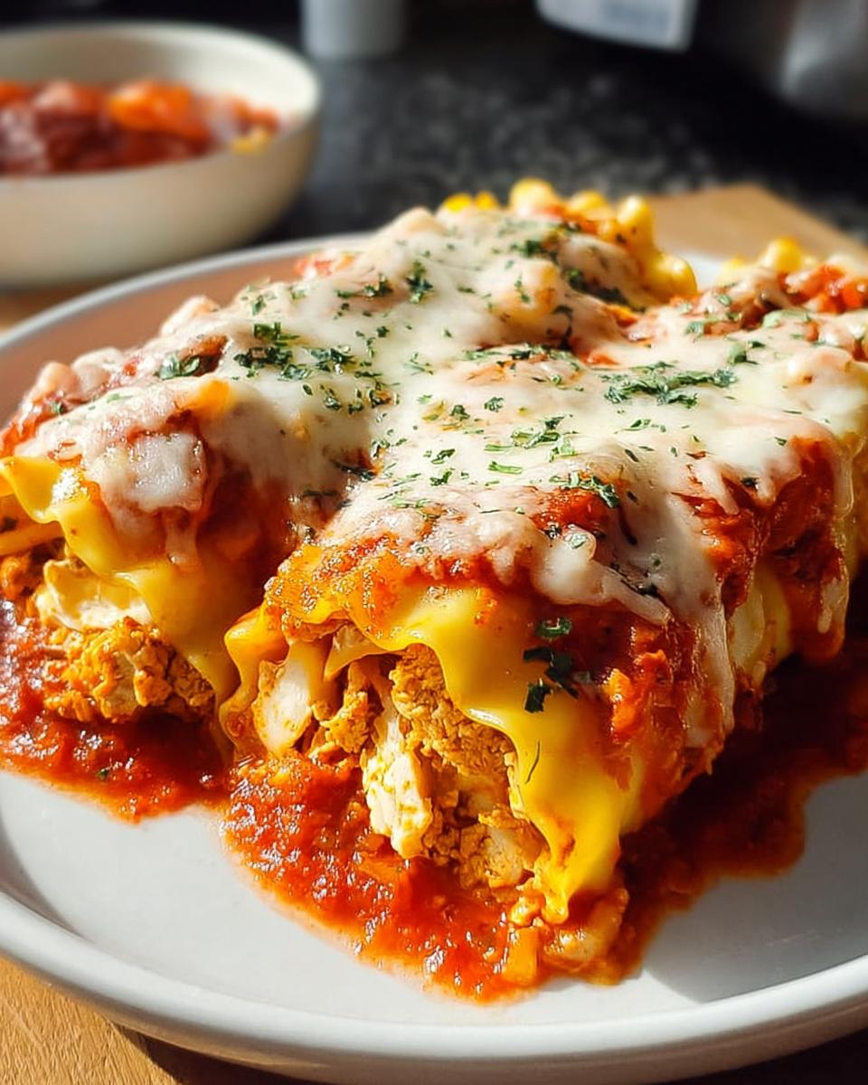 Close-up of delicious Lasagna Roll Ups with Saucy Comfort, topped with melted cheese and herbs.