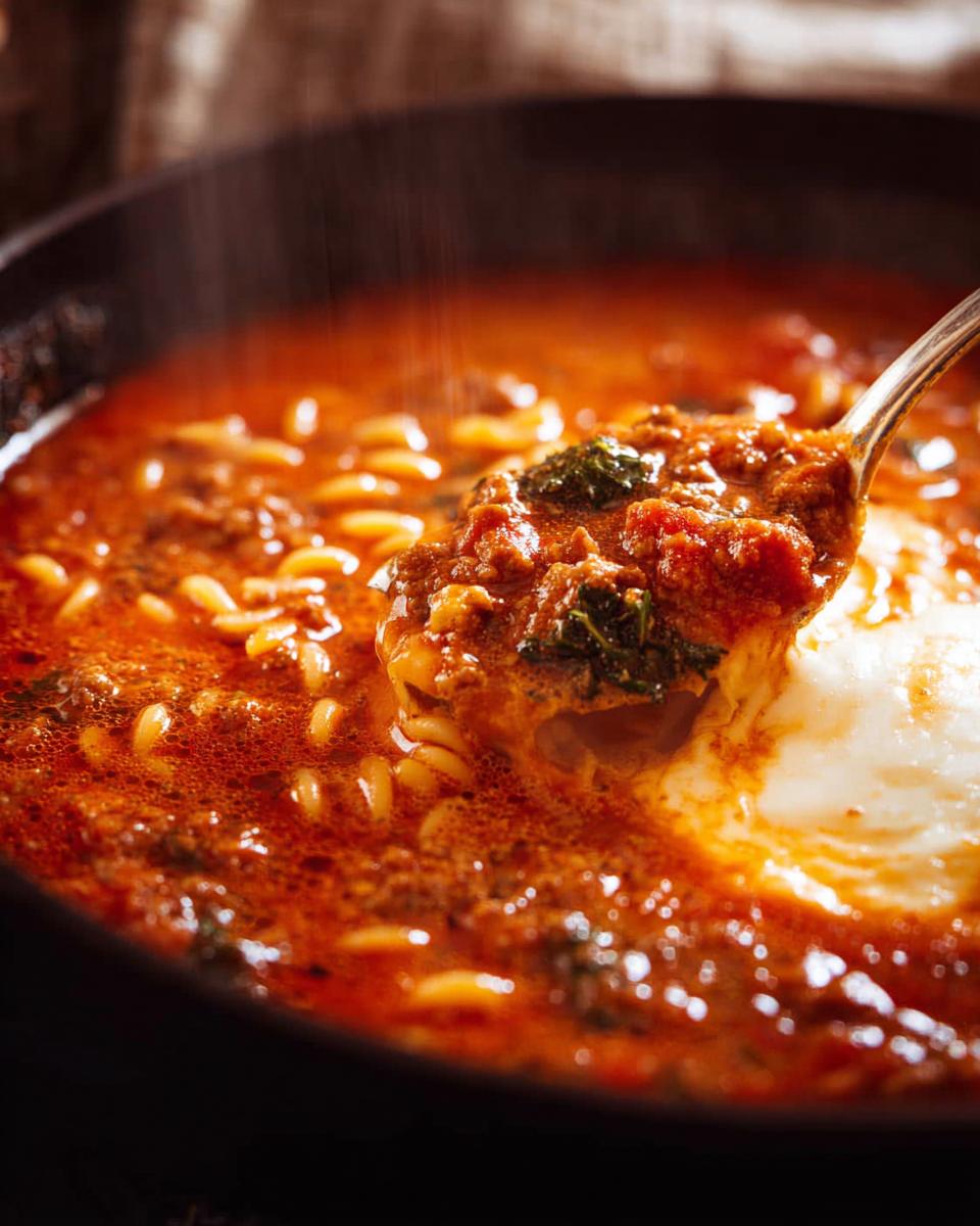 A spoonful of Lasagna Soup with Cheesy Topping, showing pasta, meat sauce, and a dollop of cheese.