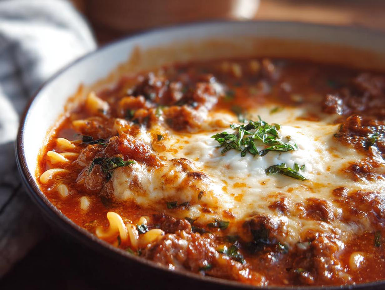 Amazing Lasagna Soup with Cheesy Topping
