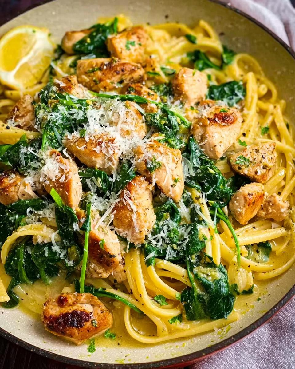 A close-up of Lemon Chicken Pasta with Spinach and Parmesan, featuring golden chicken pieces, wilted spinach, and linguine pasta.