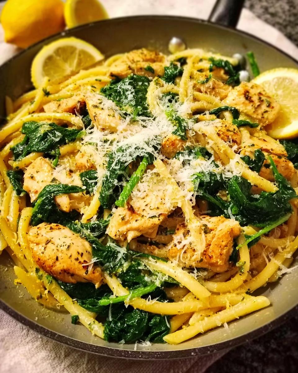 A close-up of Lemon Chicken Pasta with Spinach and Parmesan, featuring tender chicken, wilted spinach, and pasta, garnished with cheese.