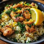 A close-up of Lemon Chicken and Rice with Bright Flavor, garnished with lemon zest, parsley, and pine nuts.
