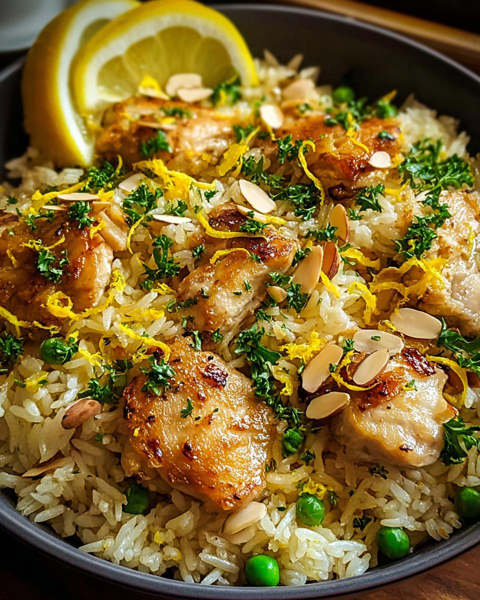 A close-up of Lemon Chicken and Rice with Bright Flavor, topped with lemon zest, almonds, and parsley.