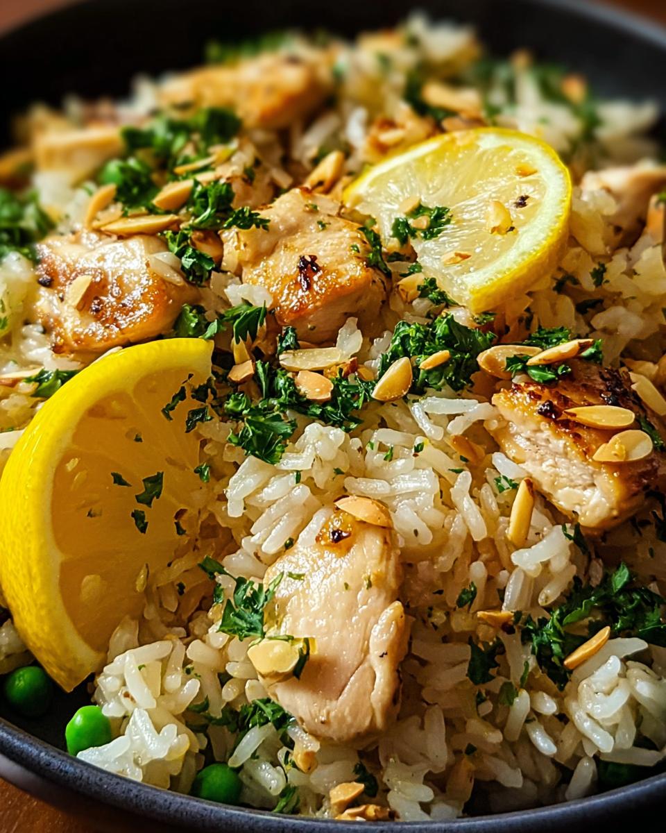 A close-up of Lemon Chicken and Rice with Bright Flavor, garnished with lemon slices, parsley, and almonds.