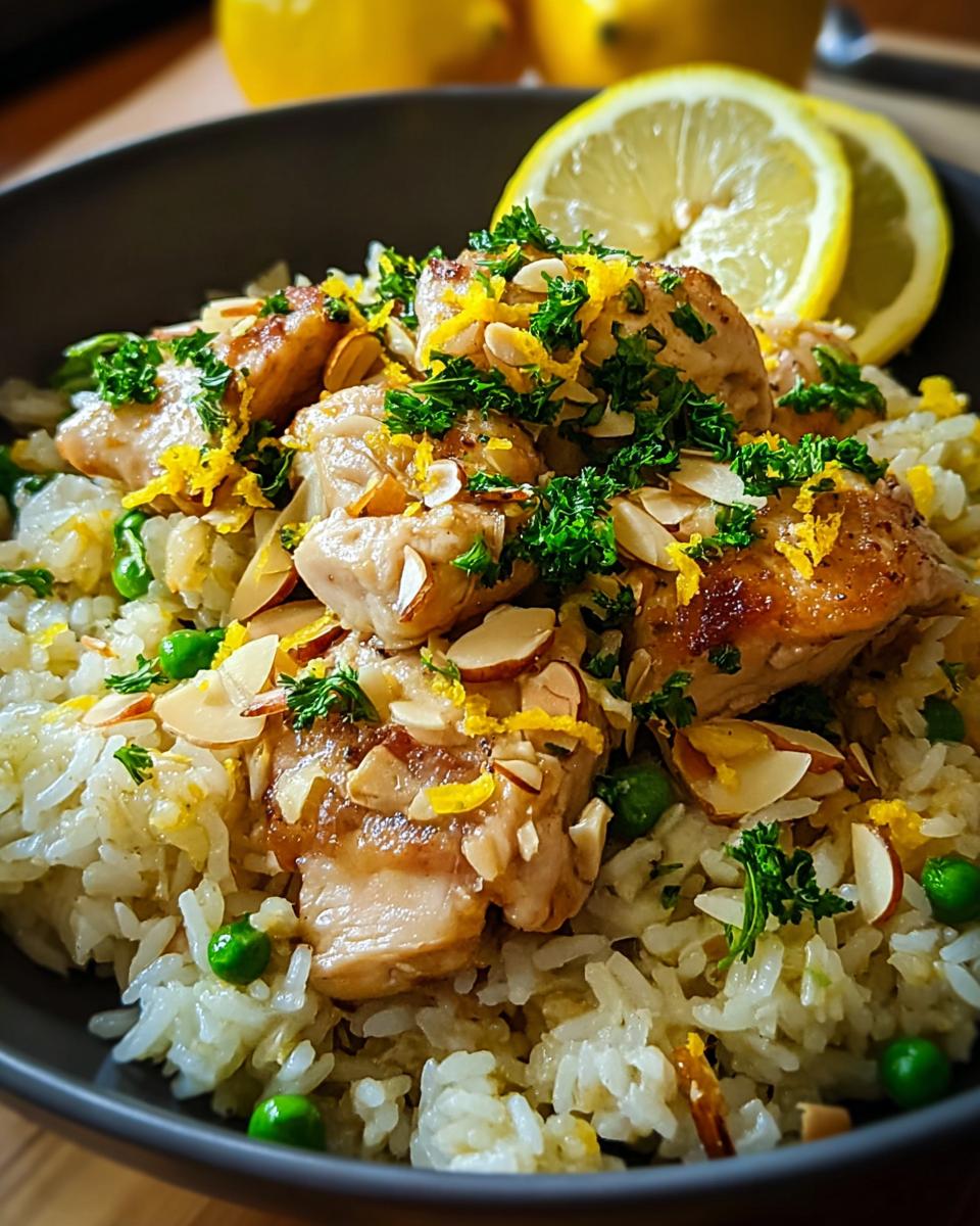 A bowl of Lemon Chicken and Rice with Bright Flavor, topped with sliced almonds and parsley.