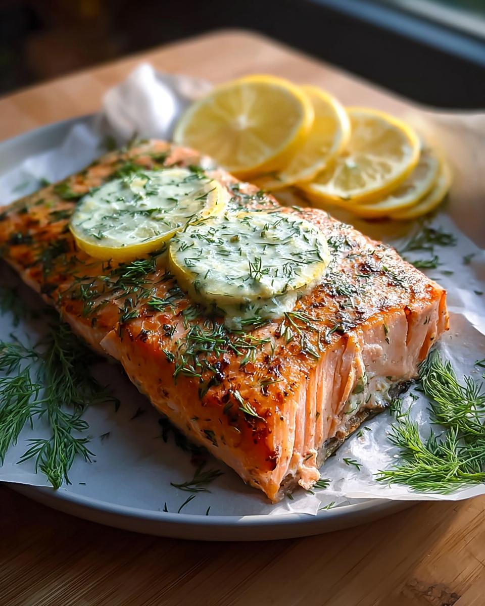 A beautifully cooked fillet of Lemon Dill Salmon, garnished with fresh dill and lemon slices, ready for a light dinner.