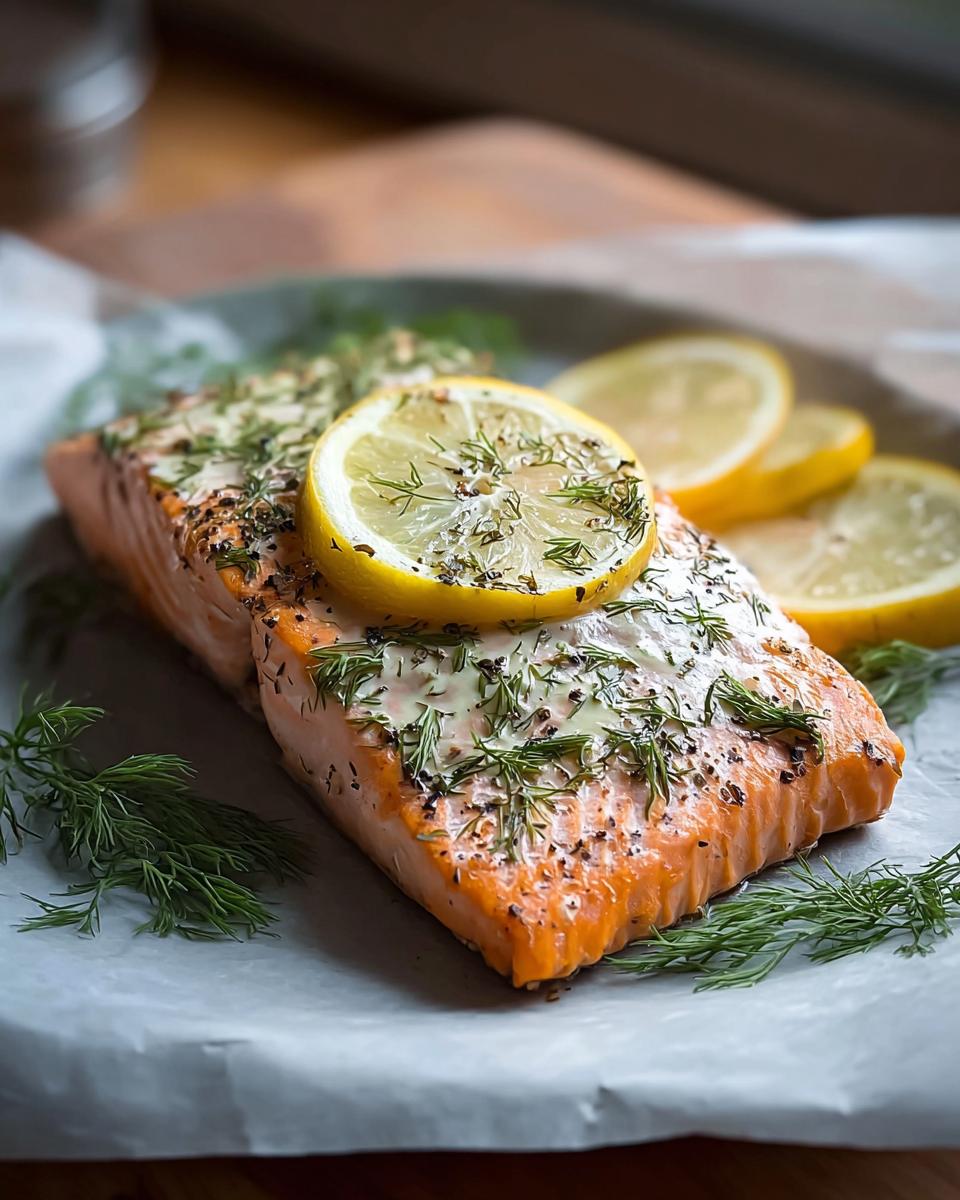 A perfectly cooked Lemon Dill Salmon fillet topped with a lemon slice and fresh dill.