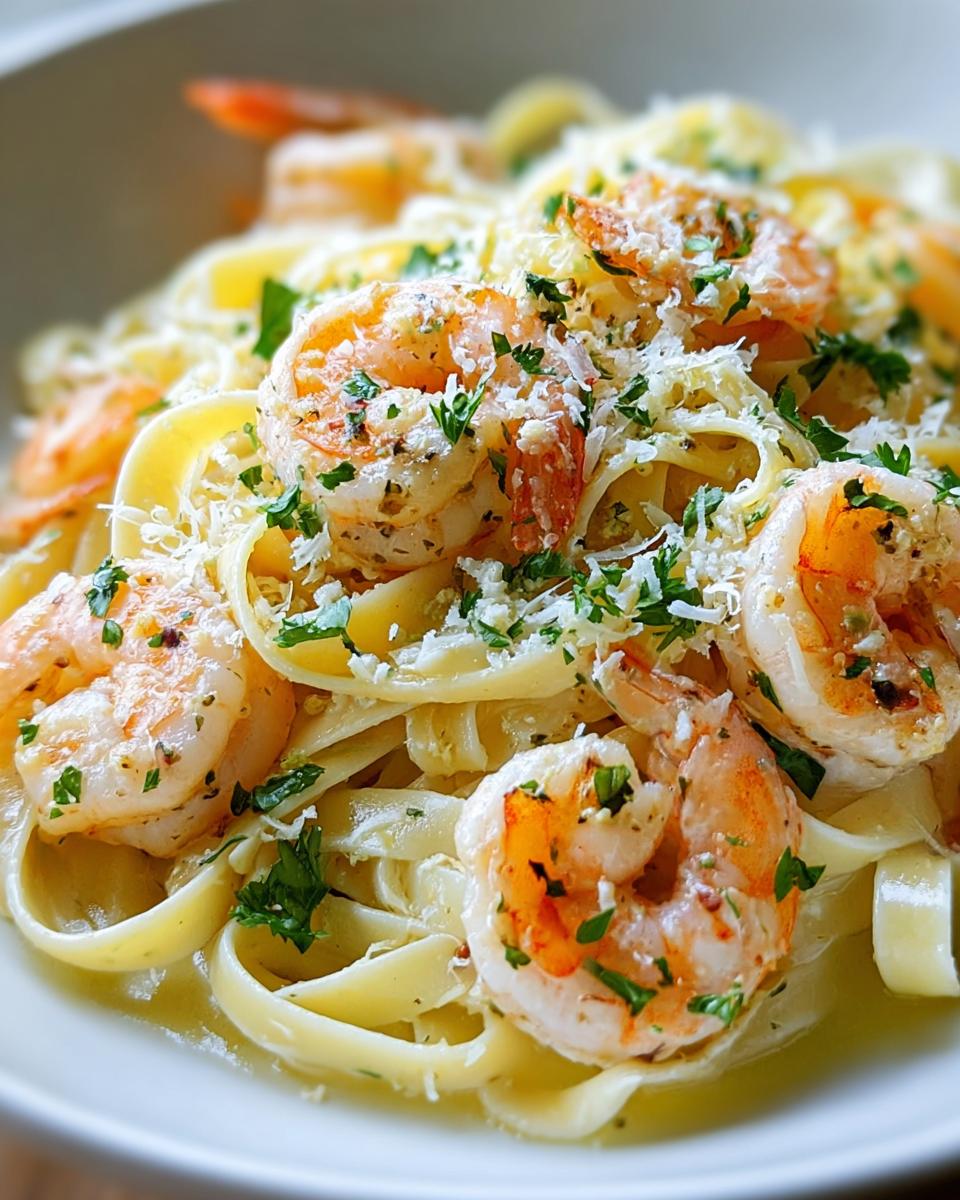 A close-up of a delicious Lemon Garlic Shrimp Pasta Style Dinner, featuring plump shrimp and fettuccine pasta topped with parmesan and parsley.