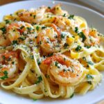 A close-up of a plate of Lemon Garlic Shrimp Pasta Style Dinner, featuring plump shrimp and fettuccine noodles.