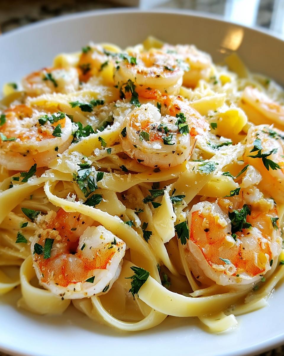 Close-up of a bowl of Lemon Garlic Shrimp Pasta Style Dinner, featuring fettuccine noodles topped with succulent shrimp and fresh parsley.