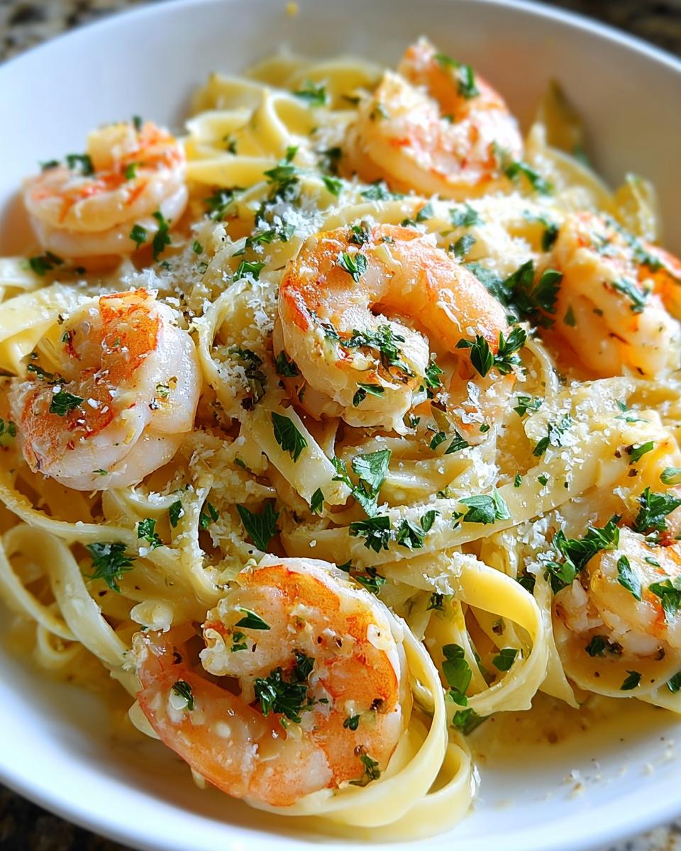 Close-up of a delicious Lemon Garlic Shrimp Pasta Style Dinner, featuring fettuccine pasta and plump shrimp.