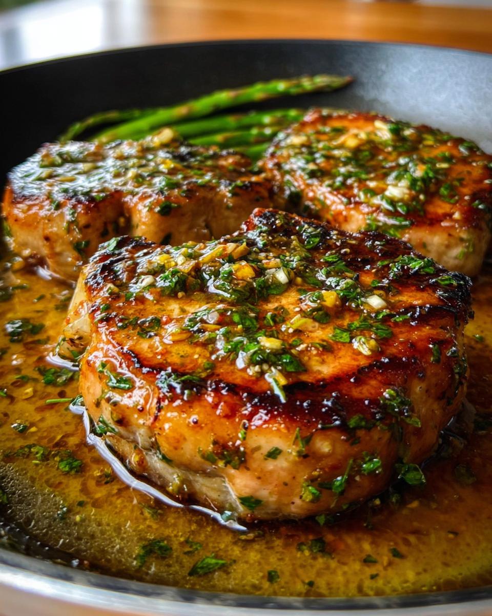 Three juicy Lemon Herb Pork Chops with Bright Zest, coated in a flavorful sauce and served with asparagus.