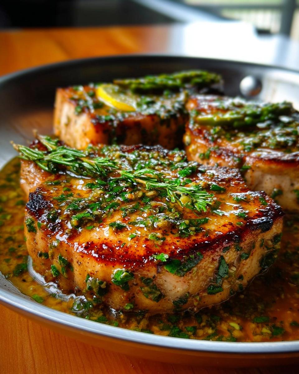 Close-up of juicy Lemon Herb Pork Chops with Bright Zest, coated in a flavorful sauce and garnished with rosemary.