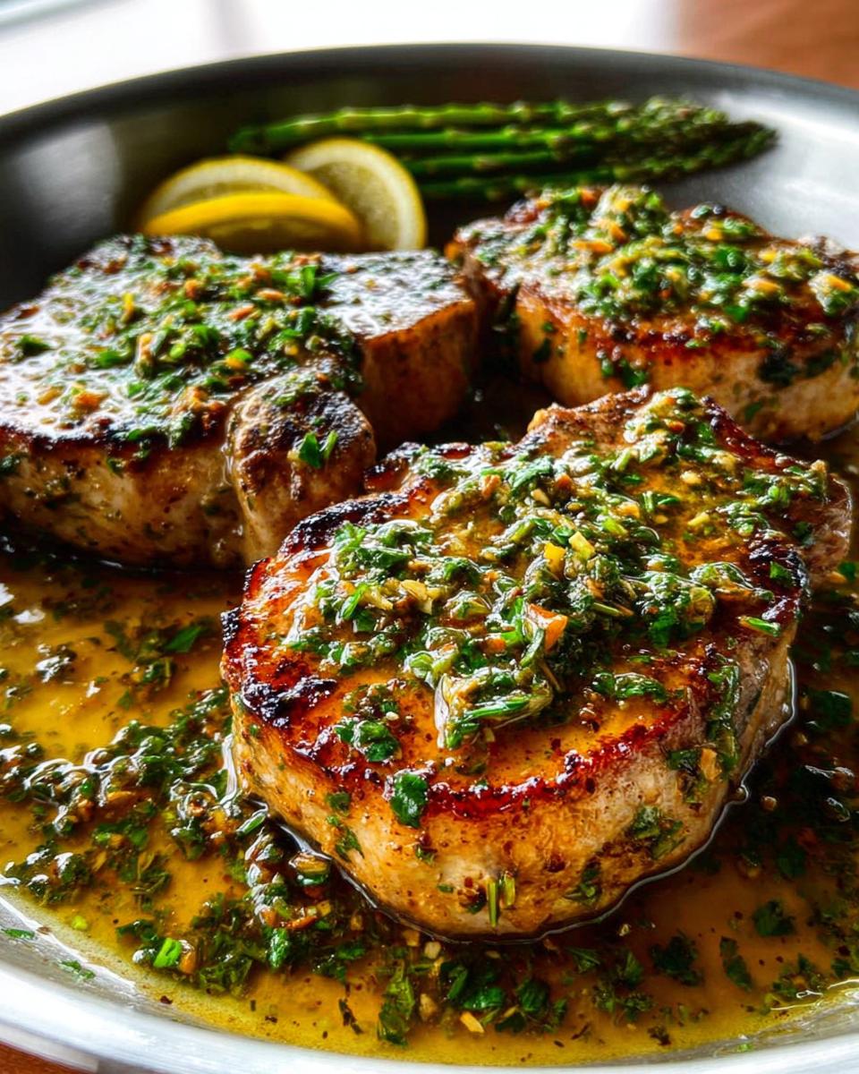 Three juicy Lemon Herb Pork Chops with Bright Zest, topped with a vibrant herb sauce and served with lemon slices and asparagus.