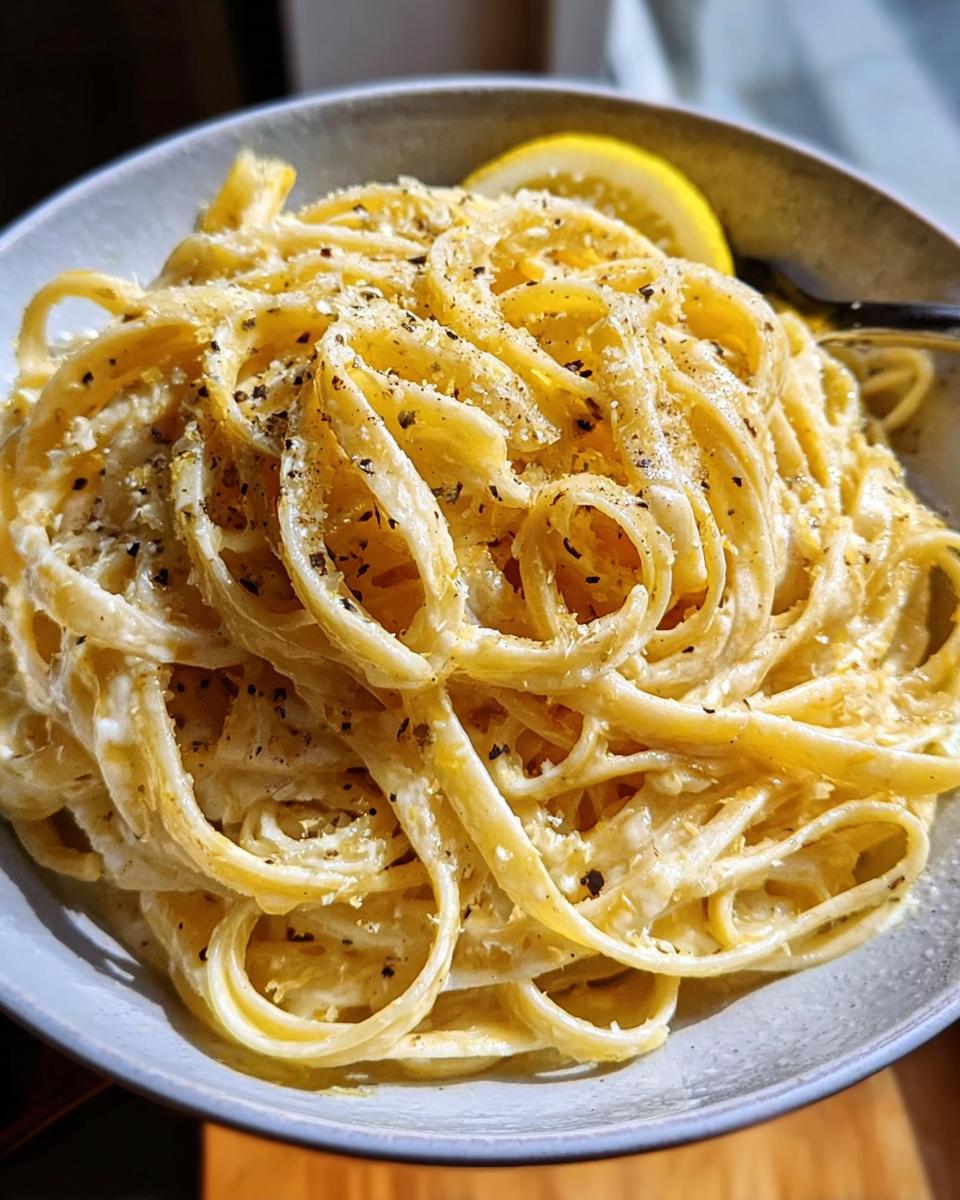 A close-up of a bowl of Lemon Parmesan Pasta with Fresh Zest, garnished with a lemon slice and black pepper.