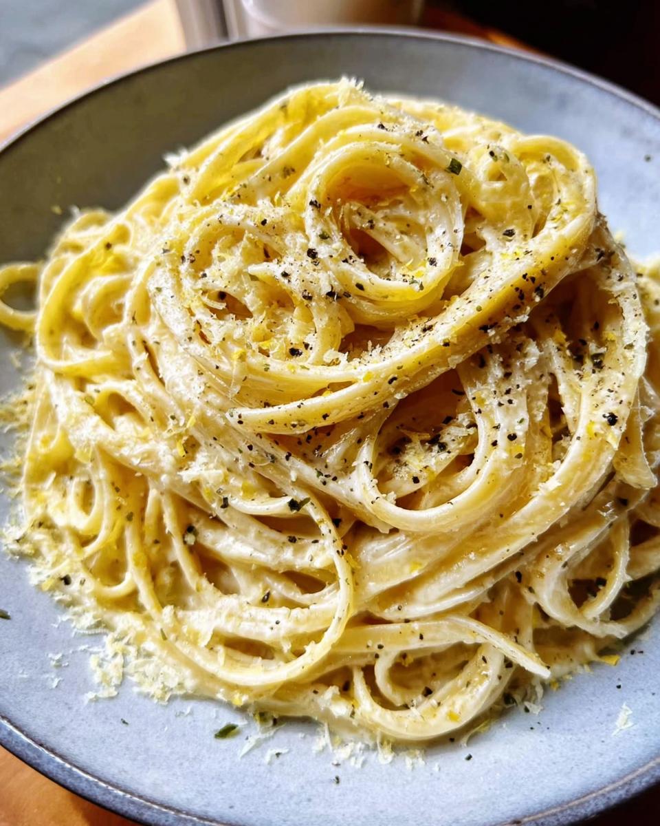 A close-up of a plate of Lemon Parmesan Pasta with Fresh Zest, topped with black pepper and finely grated cheese.